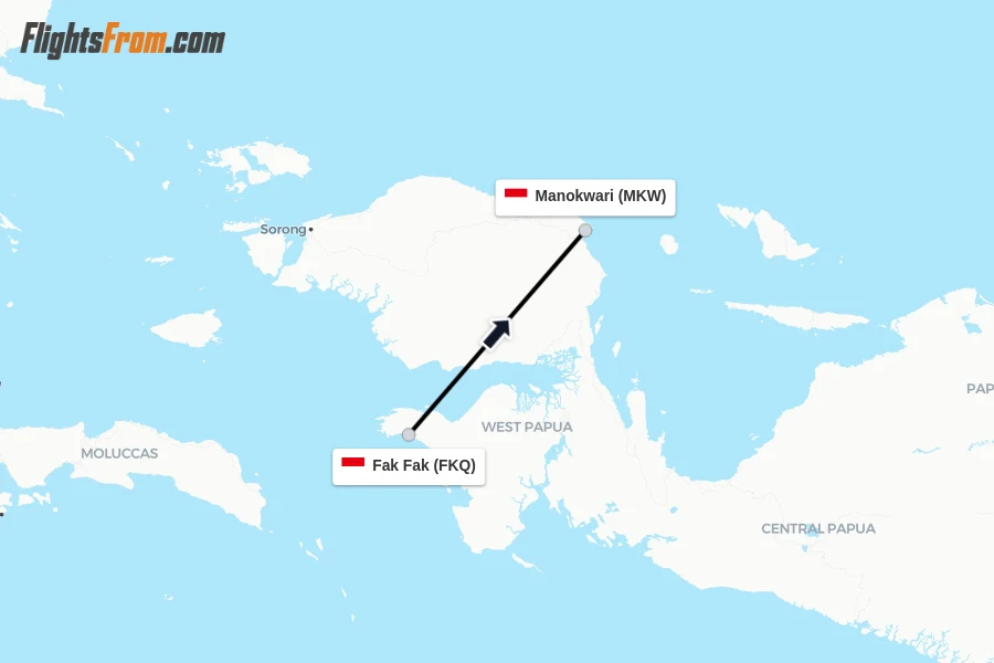 Flights from Fak Fak to Manokwari route map