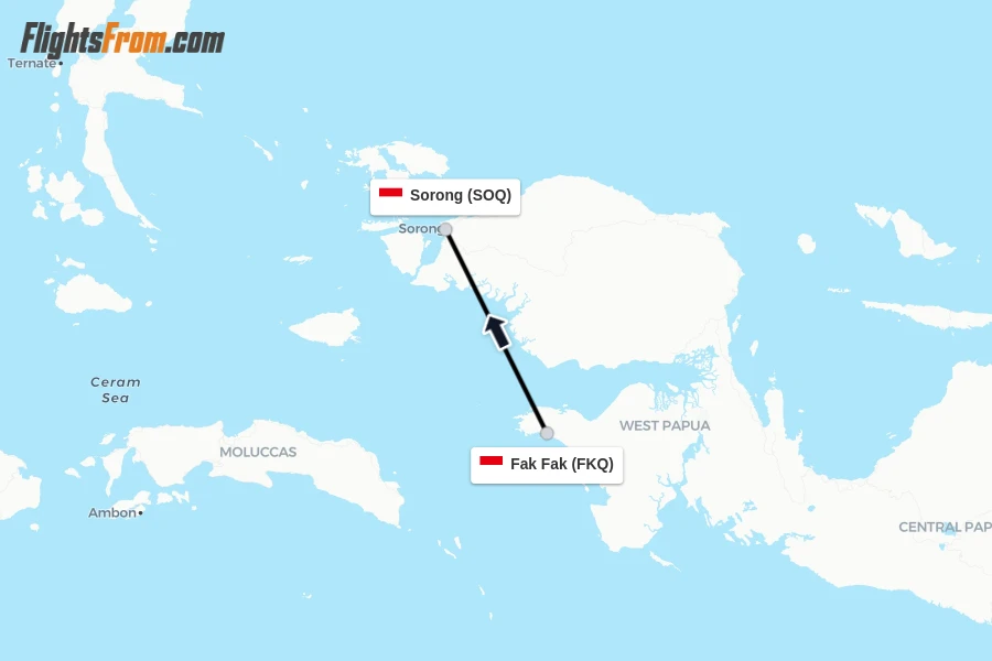 Flights from Fak Fak to Sorong route map