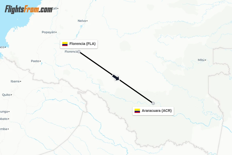 Flights from Florencia to Araracuara route map