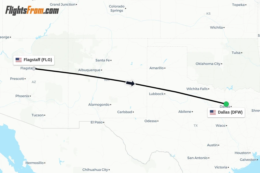 Flights from Flagstaff to Dallas route map
