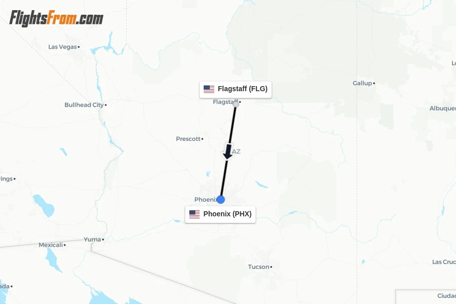 Flights from Flagstaff to Phoenix route map