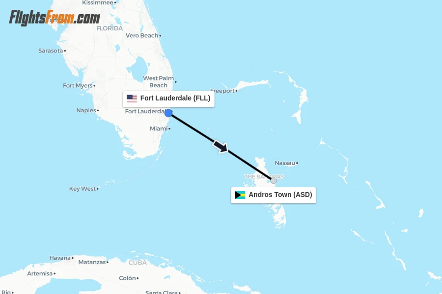 Flights from Fort Lauderdale to Andros Town route map