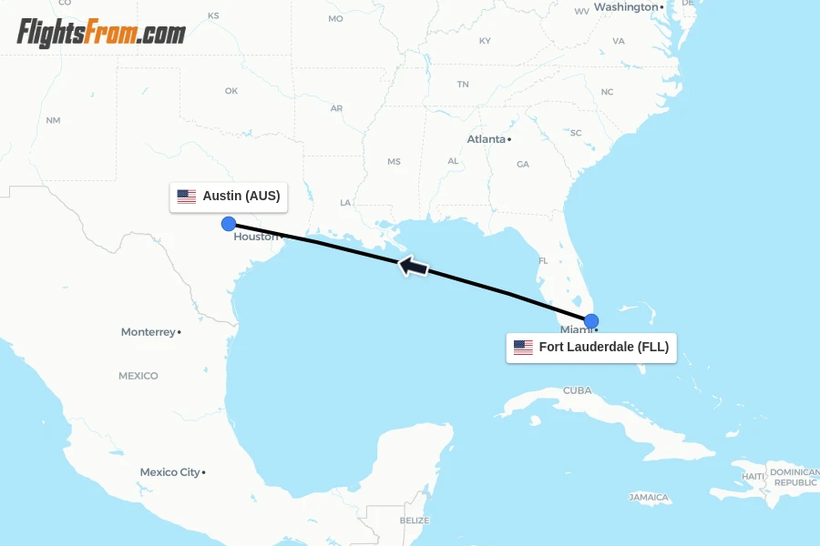 Flights from Fort Lauderdale to Austin route map