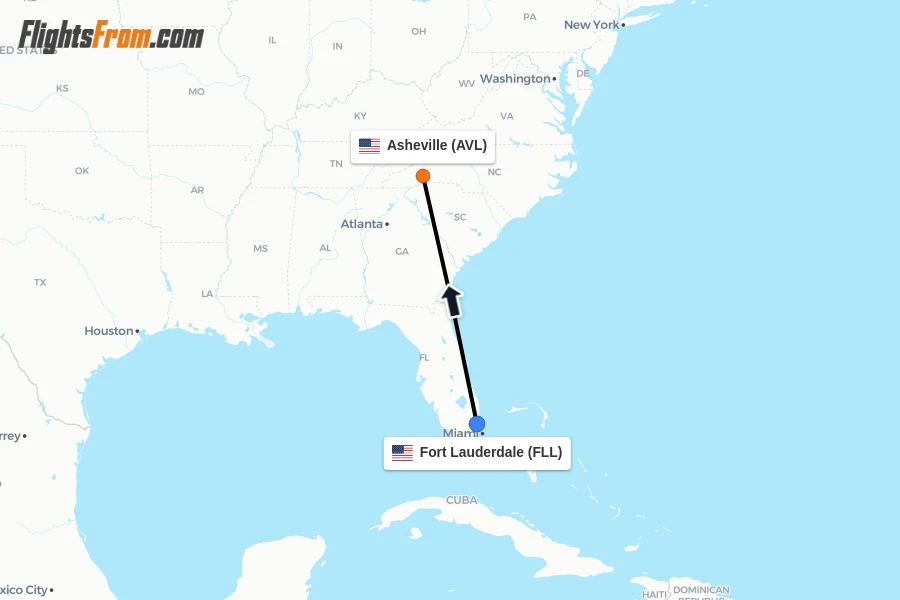 Flights from Fort Lauderdale to Asheville route map