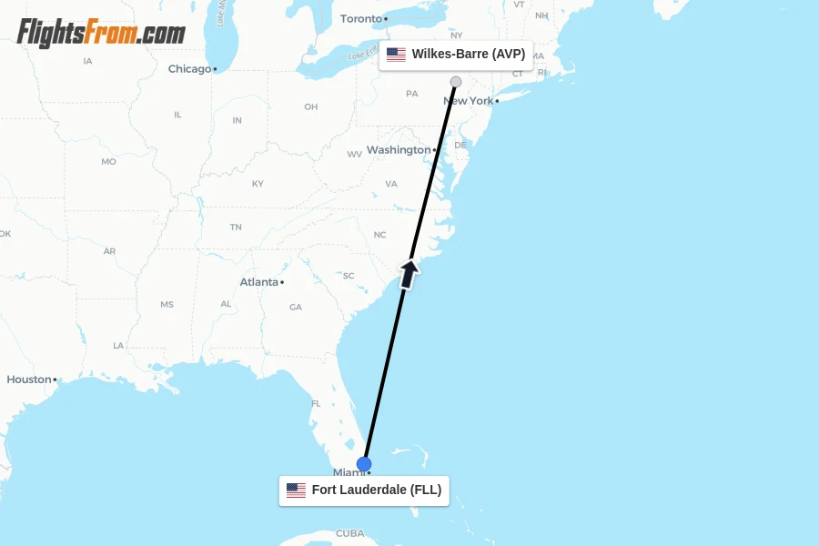 Flights from Fort Lauderdale to Wilkes-Barre route map