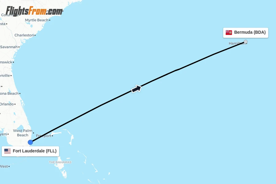 Flights from Fort Lauderdale to Bermuda route map