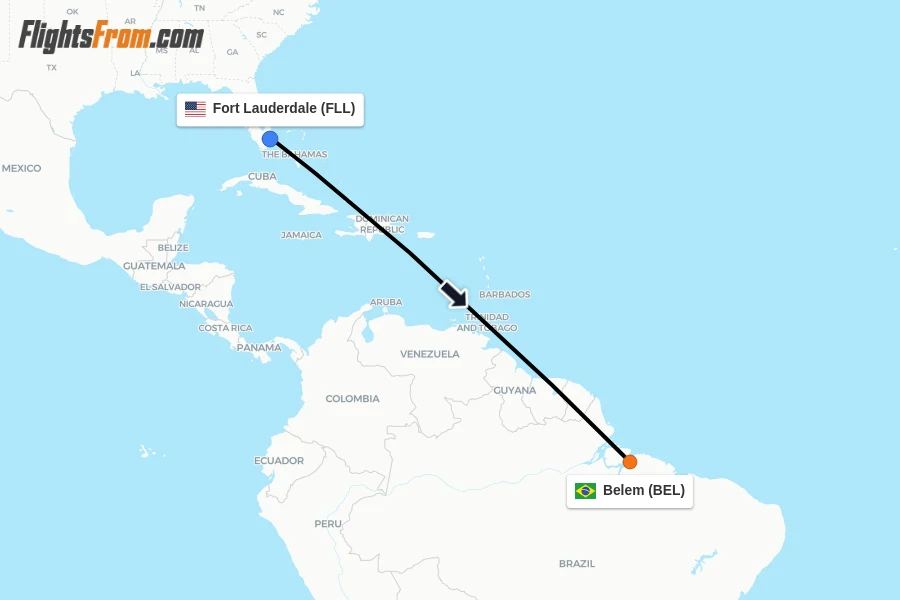 Flights from Fort Lauderdale to Belem route map