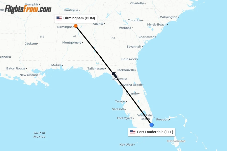 Flights from Fort Lauderdale to Birmingham route map