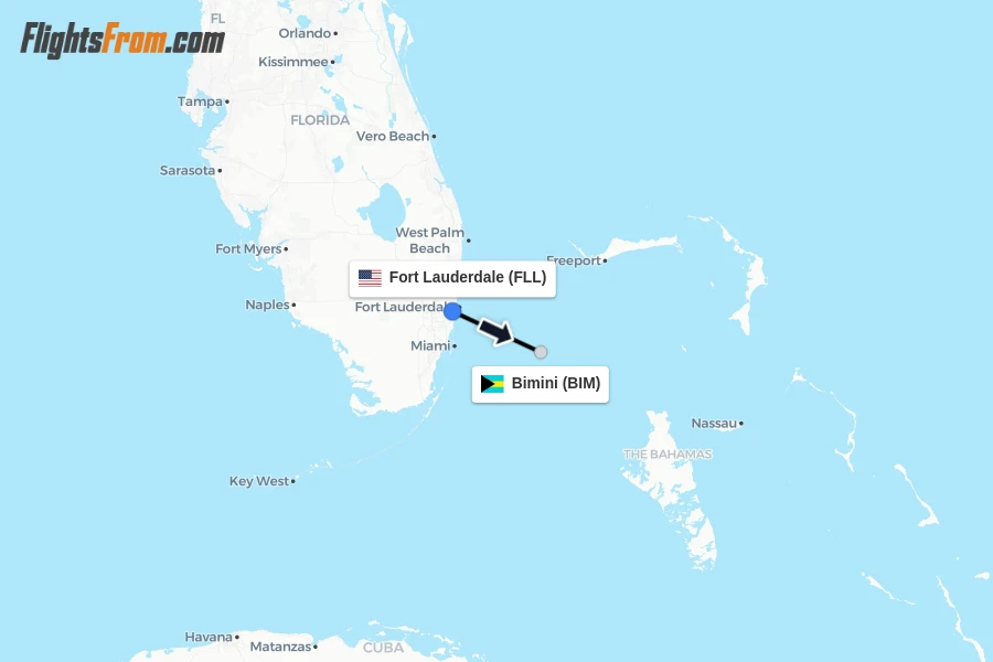 Flights from Fort Lauderdale to Bimini route map