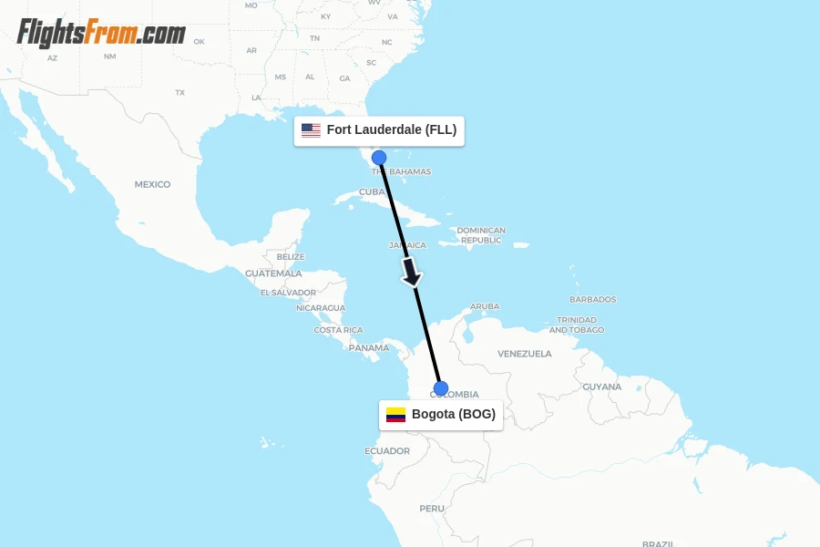 Flights from Fort Lauderdale to Bogota route map