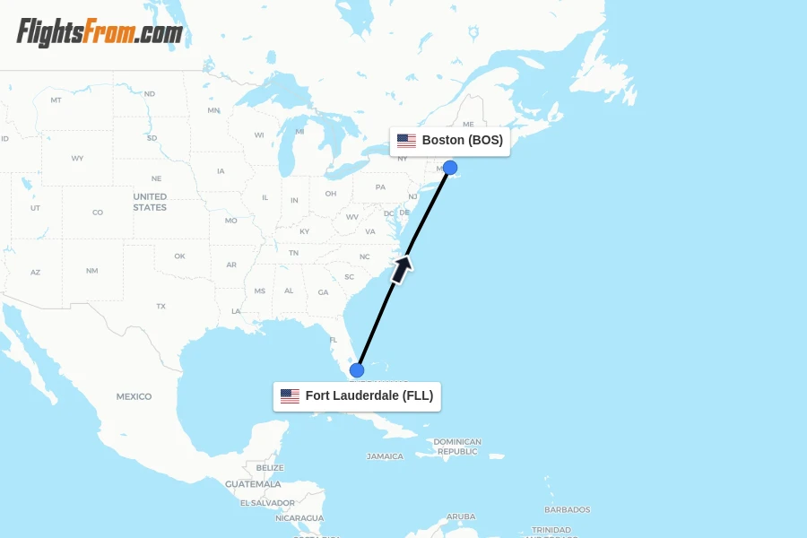 Flights from Fort Lauderdale to Boston route map