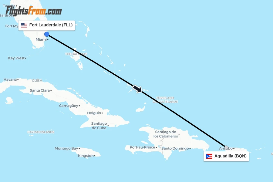 Flights from Fort Lauderdale to Aguadilla route map