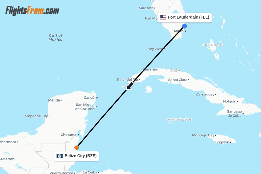 Flights from Fort Lauderdale to Belize City route map