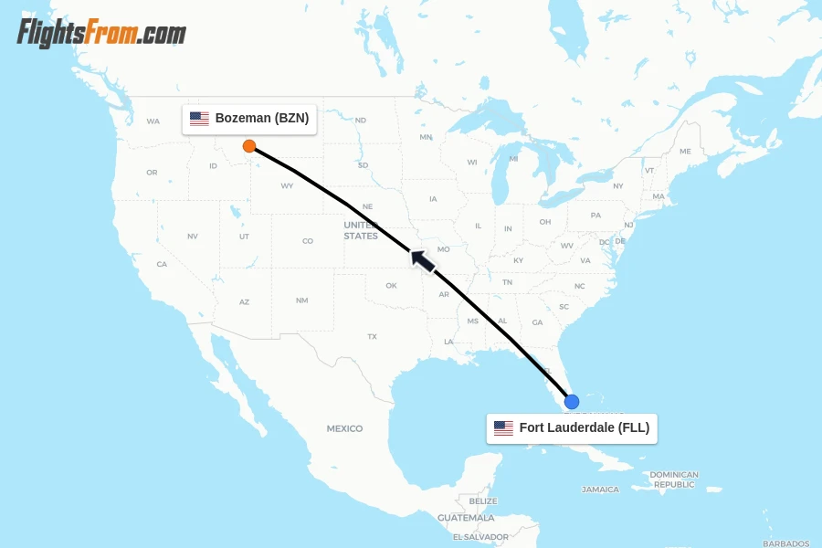 Flights from Fort Lauderdale to Bozeman route map