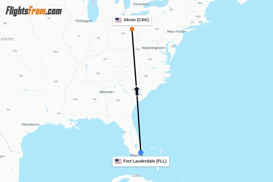 Flights from Fort Lauderdale to Akron route map