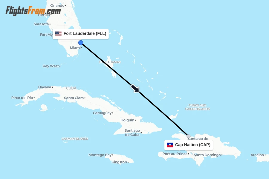 Flights from Fort Lauderdale to Cap Haitien route map