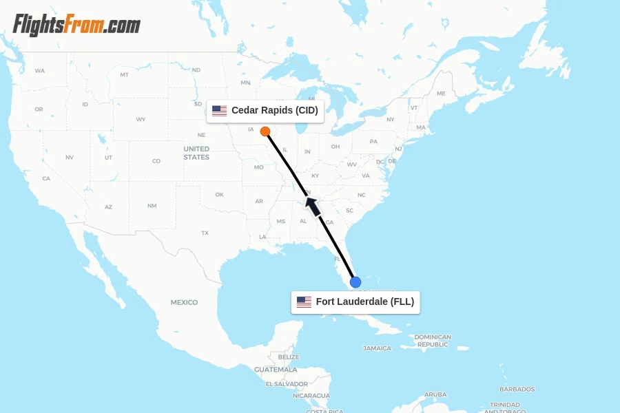 Flights from Fort Lauderdale to Cedar Rapids route map