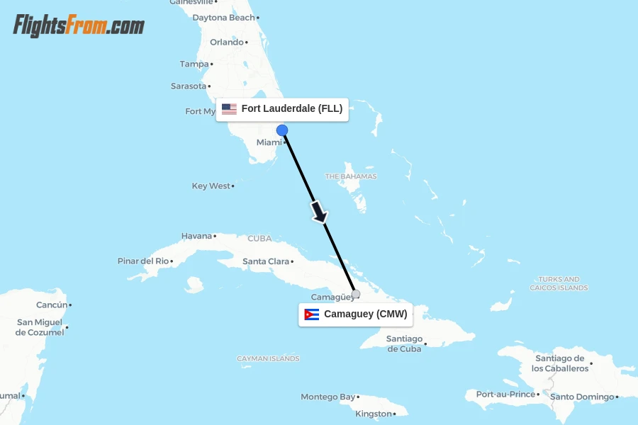 Flights from Fort Lauderdale to Camaguey route map