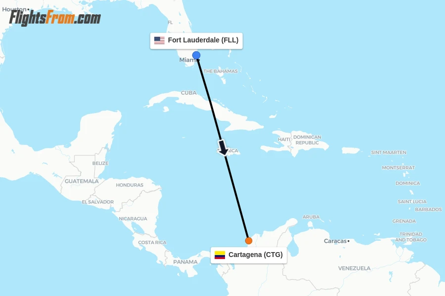 Flights from Fort Lauderdale to Cartagena route map