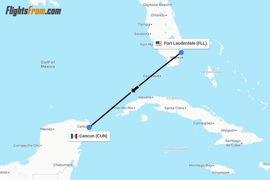 Flights from Fort Lauderdale to Cancun route map