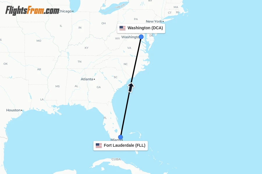 Flights from Fort Lauderdale to Washington route map