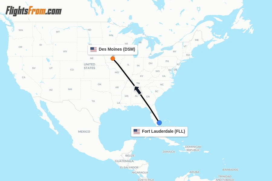 Flights from Fort Lauderdale to Des Moines route map
