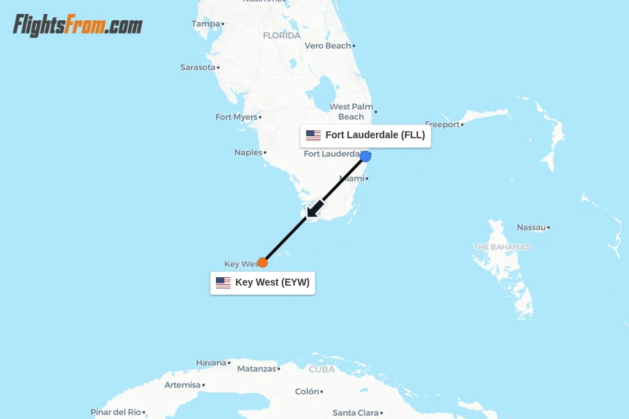 Flights from Fort Lauderdale to Key West route map