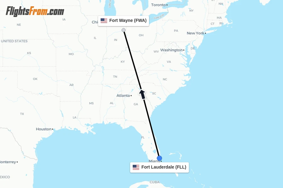 Flights from Fort Lauderdale to Fort Wayne route map