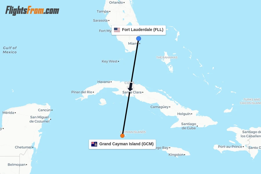 Flights from Fort Lauderdale to Grand Cayman Island route map