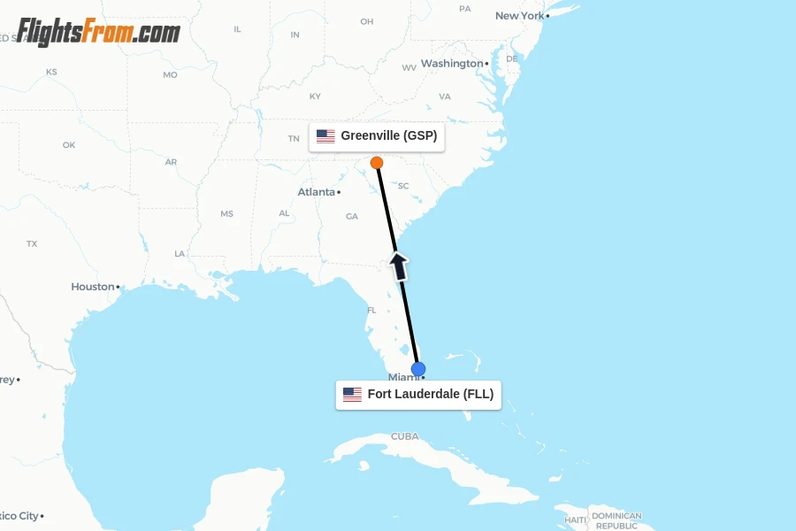 Flights from Fort Lauderdale to Greenville route map