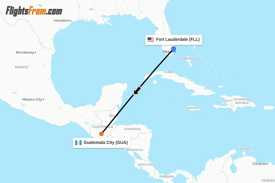 Flights from Fort Lauderdale to Guatemala City route map