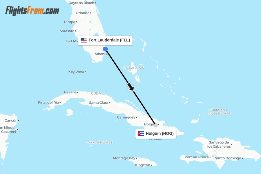 Flights from Fort Lauderdale to Holguin route map