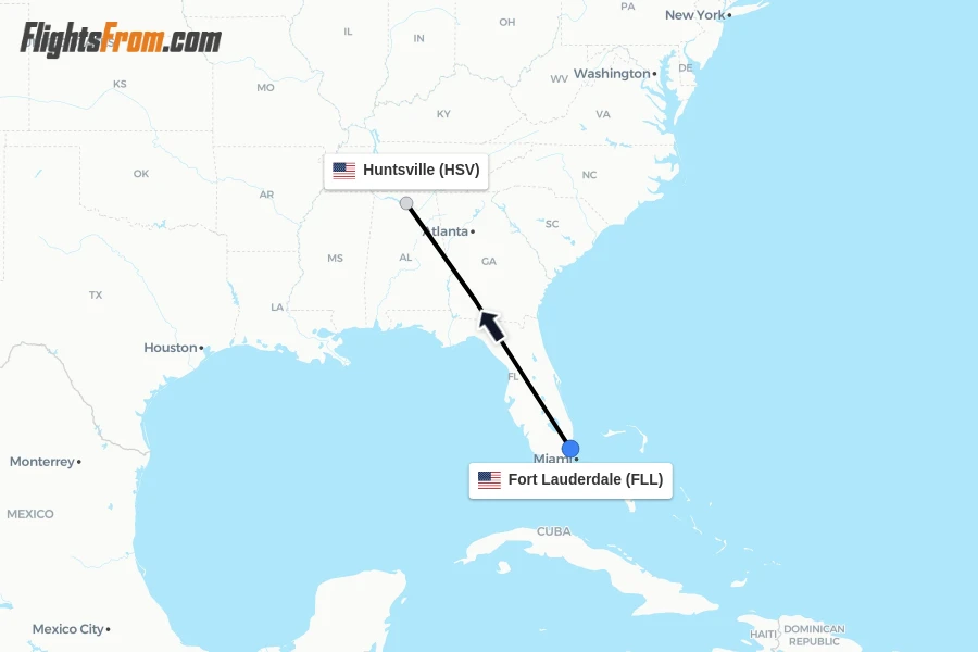 Flights from Fort Lauderdale to Huntsville route map