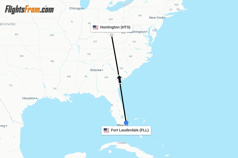 Flights from Fort Lauderdale to Huntington route map