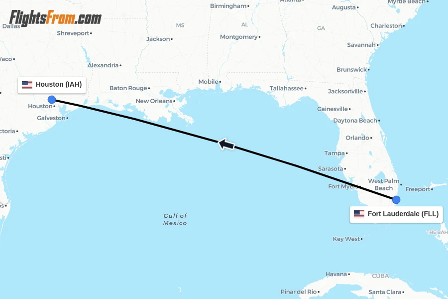 Flights from Fort Lauderdale to Houston route map