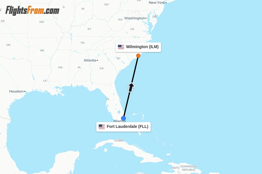 Flights from Fort Lauderdale to Wilmington route map
