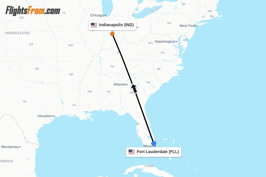 Flights from Fort Lauderdale to Indianapolis route map