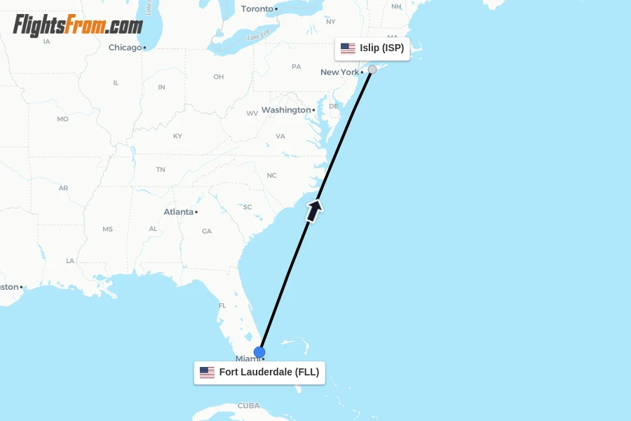 Flights from Fort Lauderdale to Islip route map