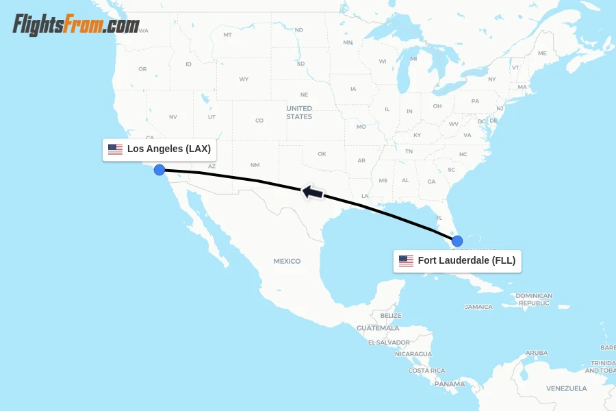 Flights from Fort Lauderdale to Los Angeles route map