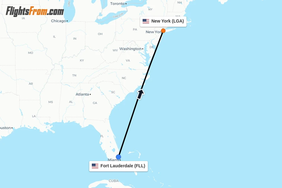 Flights from Fort Lauderdale to New York route map