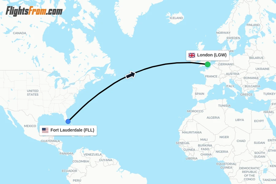 Flights from Fort Lauderdale to London route map