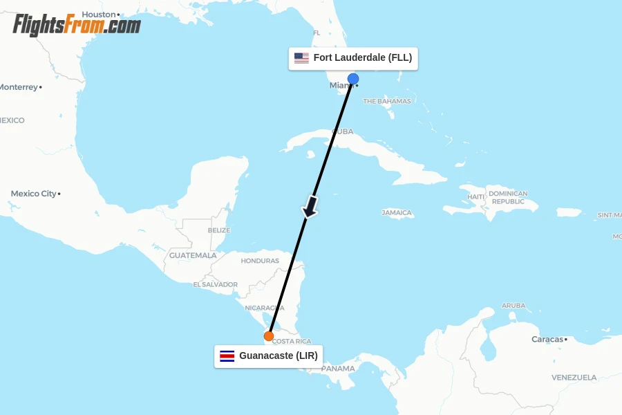Flights from Fort Lauderdale to Guanacaste route map
