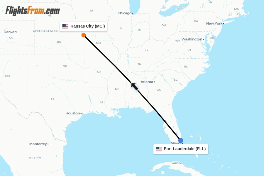 Flights from Fort Lauderdale to Kansas City route map