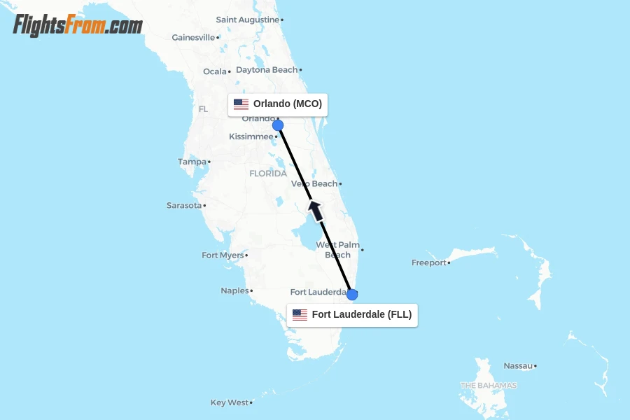 Flights from Fort Lauderdale to Orlando route map