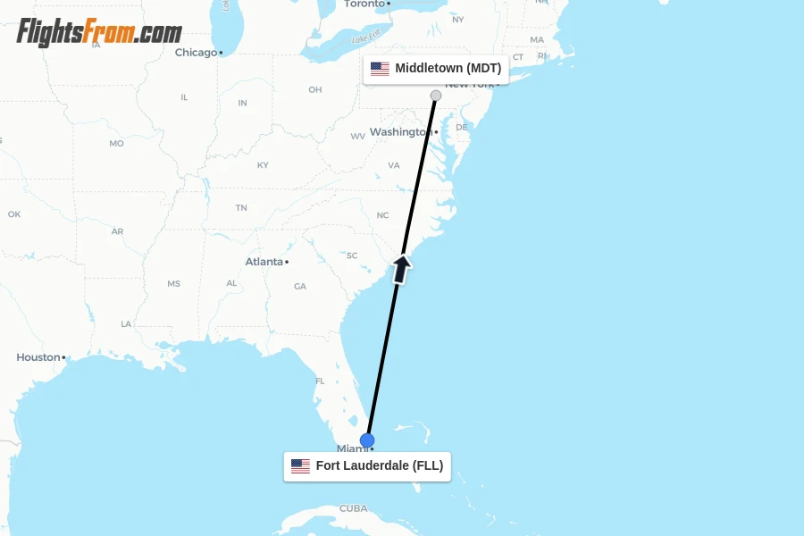 Flights from Fort Lauderdale to Middletown route map
