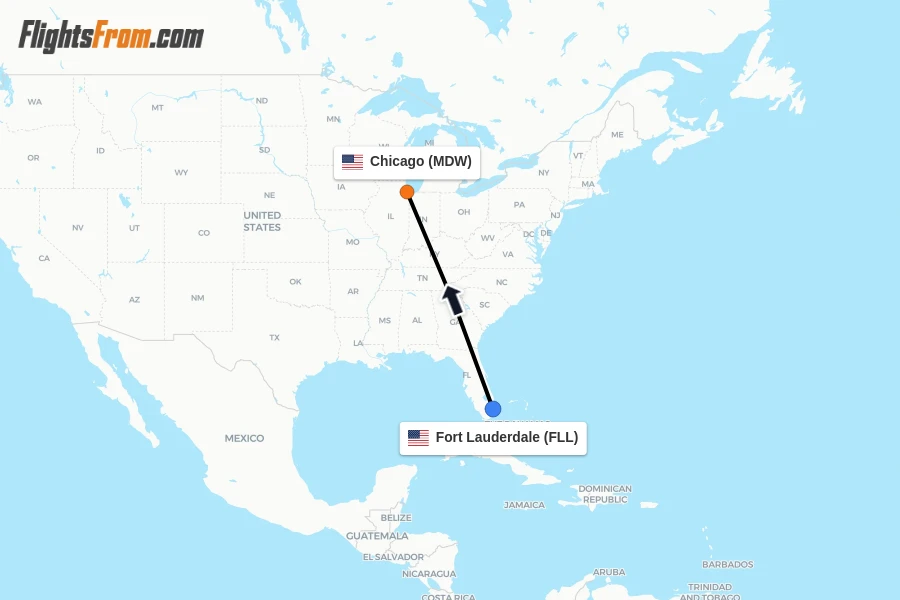 Flights from Fort Lauderdale to Chicago route map