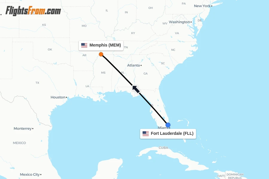 Flights from Fort Lauderdale to Memphis route map