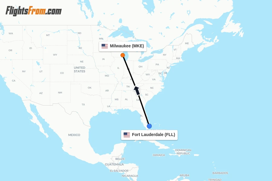Flights from Fort Lauderdale to Milwaukee route map