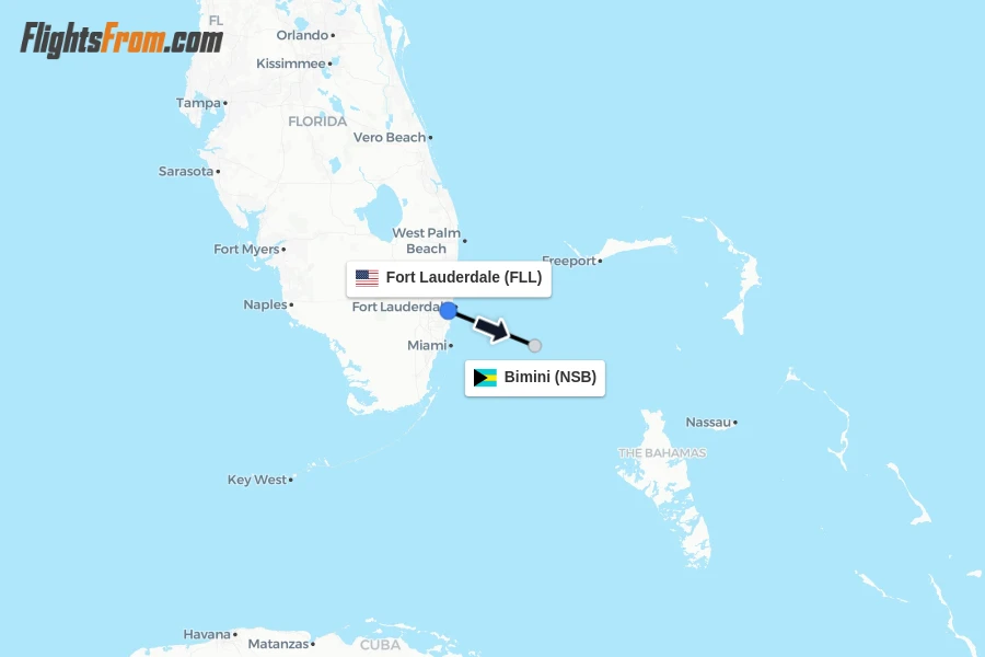 Flights from Fort Lauderdale to Bimini route map