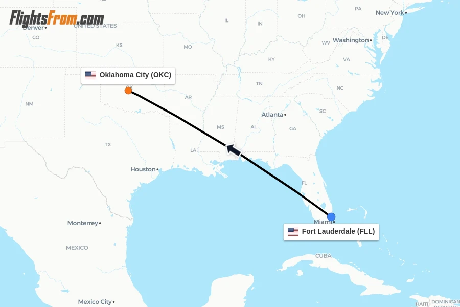Flights from Fort Lauderdale to Oklahoma City route map